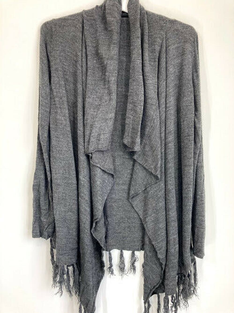 Heathered Gray Open Front Fringed Cardigan Sweater